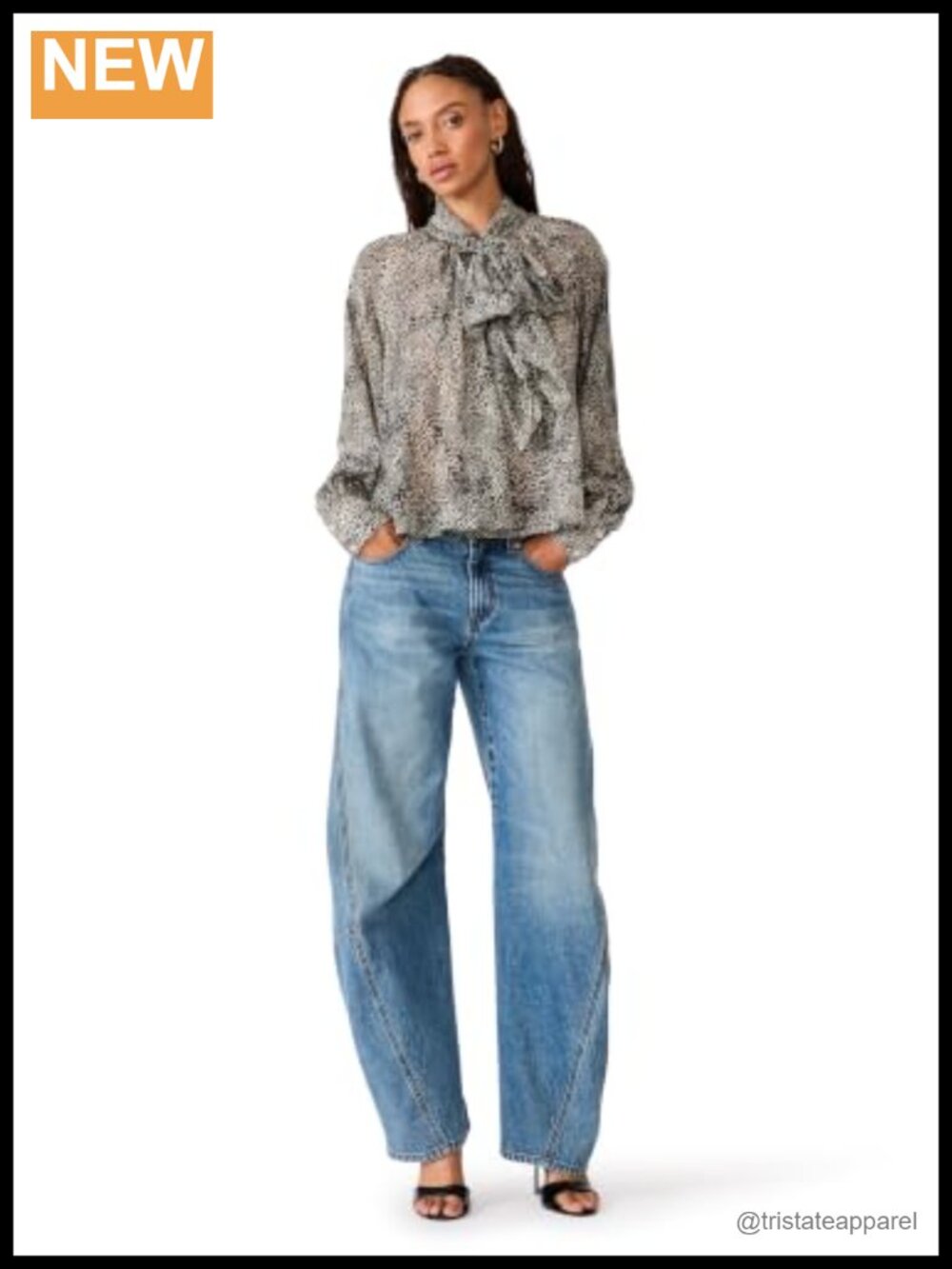 Tie Neck Gathered Sleeve Blouse Leopard Print